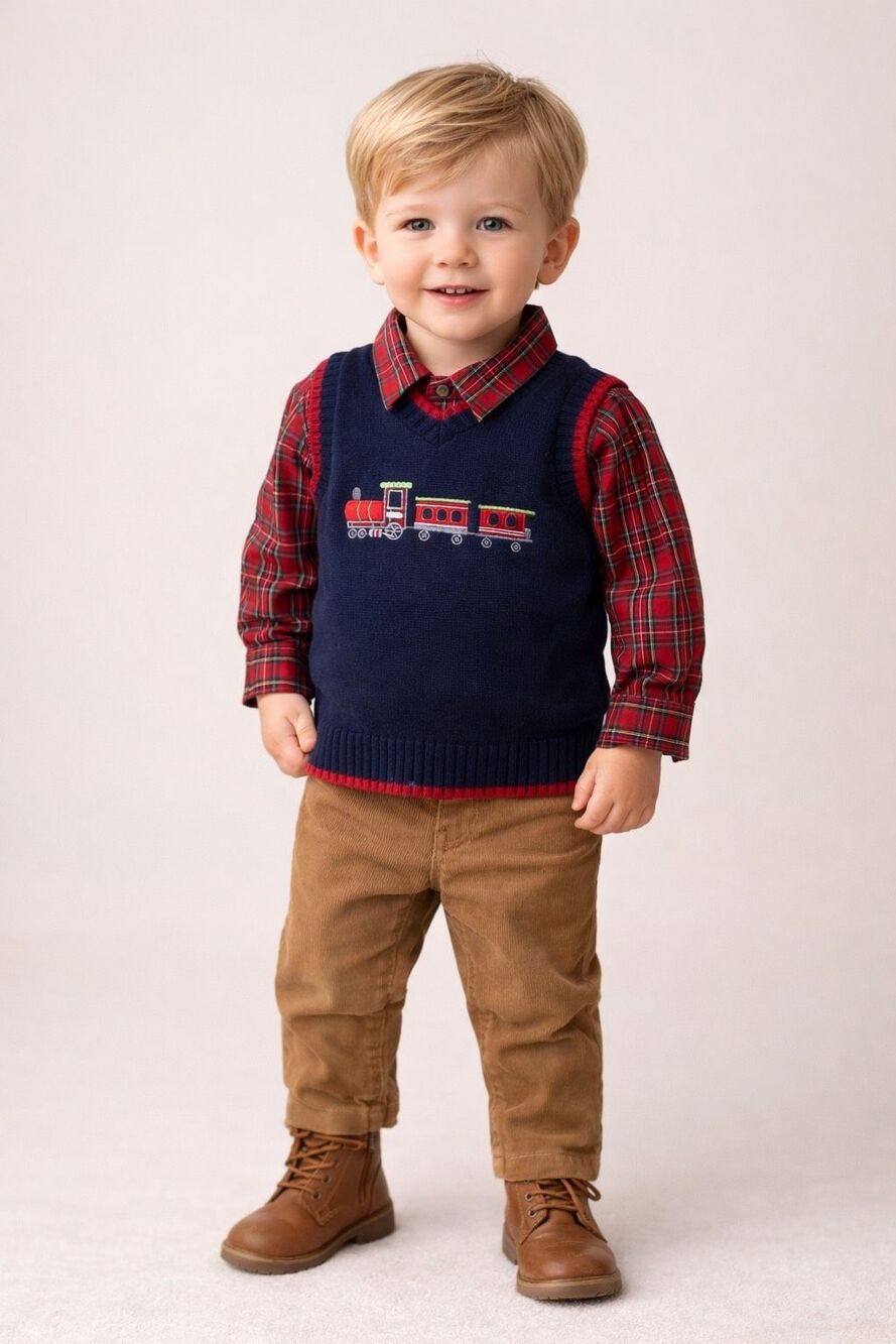 Great Guy Red Plaid Collared Shirt & Blue Train Sweater Vest 18 Months NWT